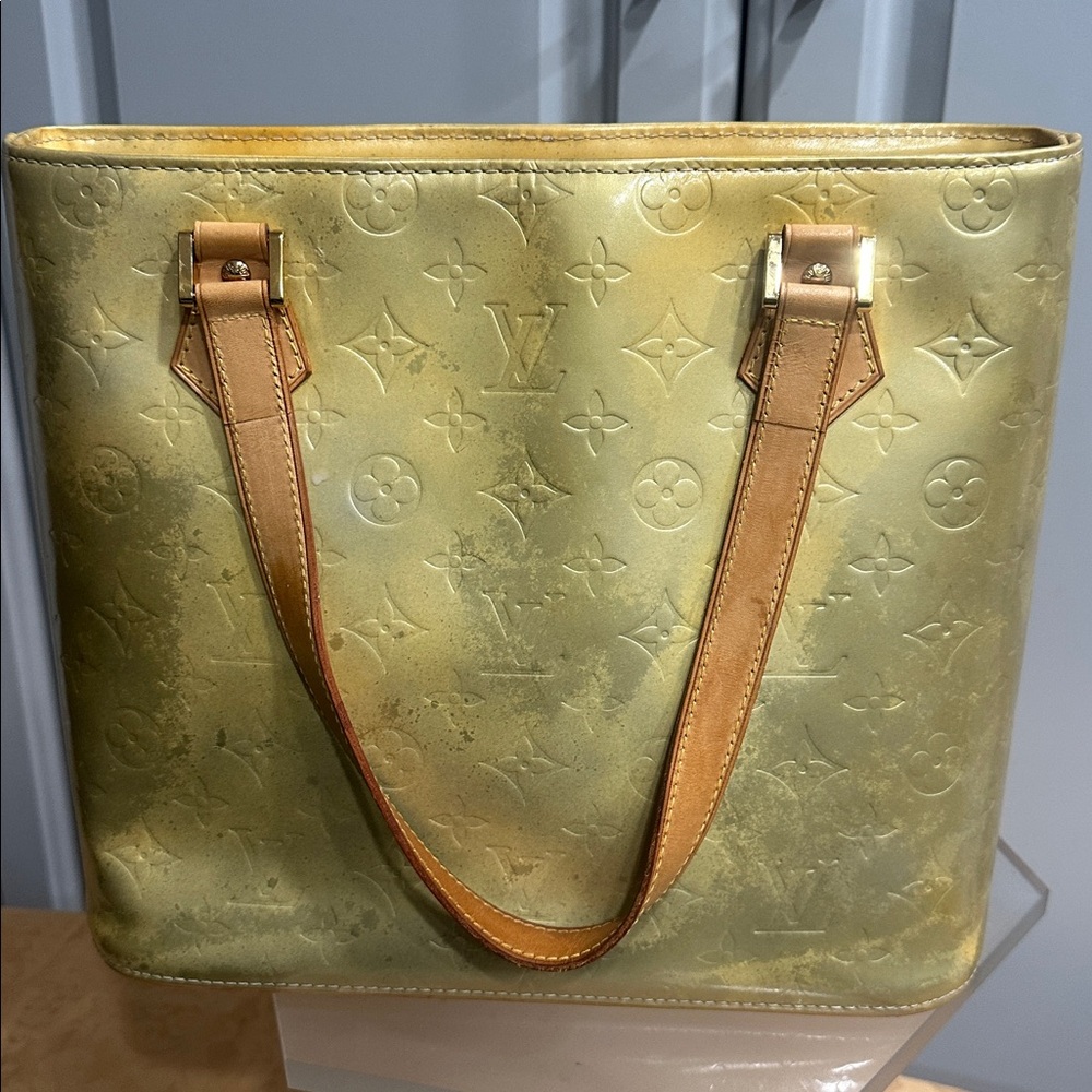 Louis Vuitton Houston Vernis Yellow Sunset Metallic Tote Handbag FREE Labubu